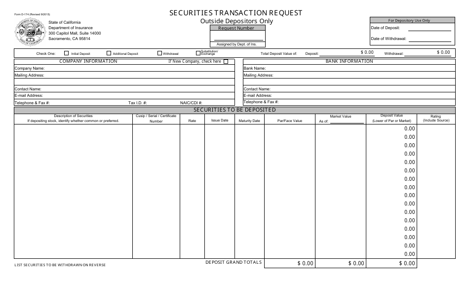 Form D-174 Securities Transaction Request Form for Outside Depositors - California, Page 1