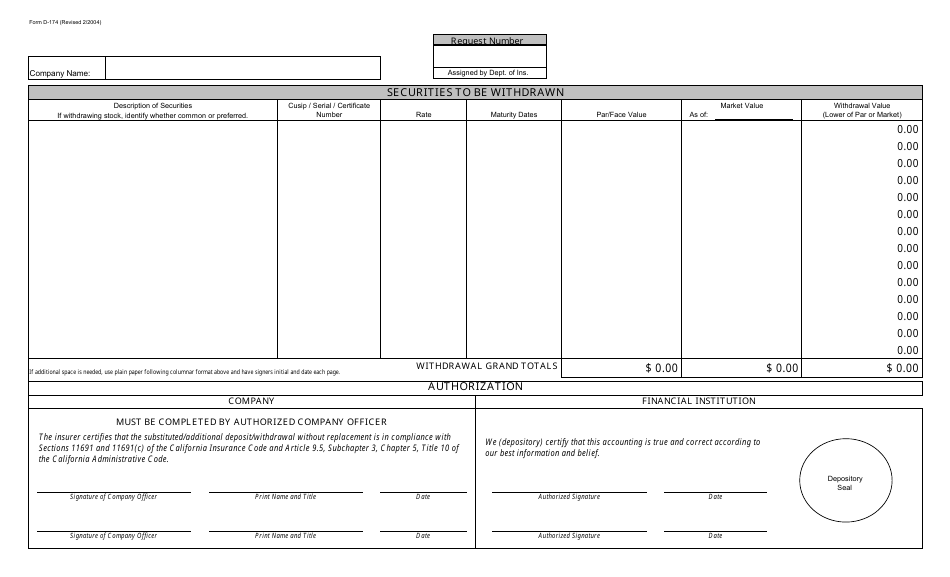 Form D-174 Securities Transaction Request Form for Outside Depositors - California, Page 2