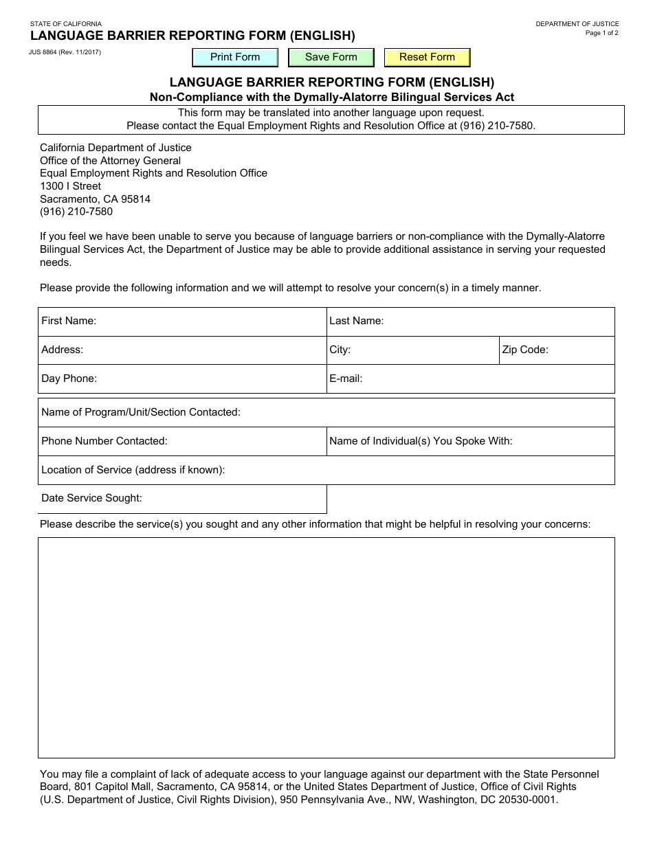 Form JUS8864 Language Barrier Reporting Form (English) - California, Page 1