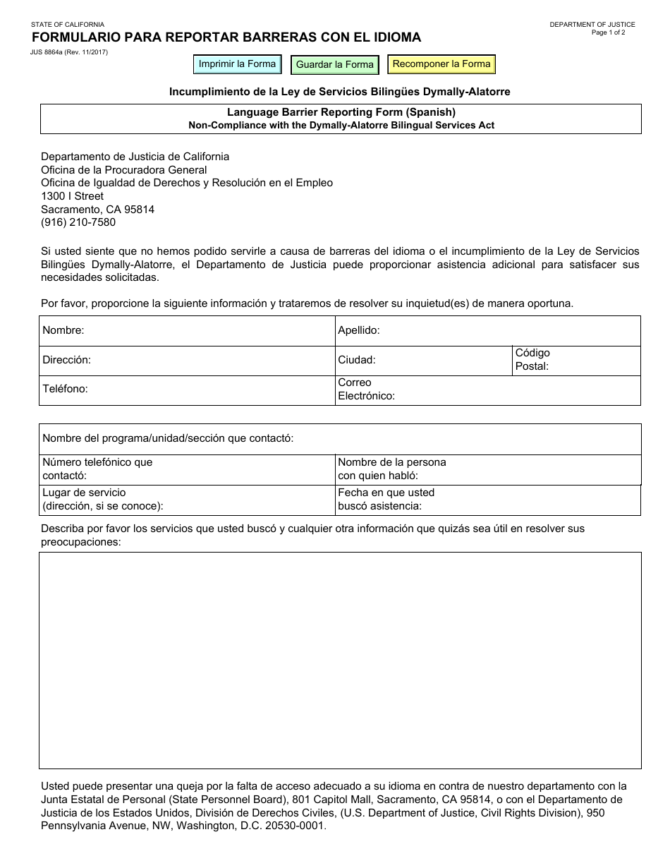 Formulario JUS8864A Formulario Para Reportar Barreras Con El Idioma - California (Spanish), Page 1