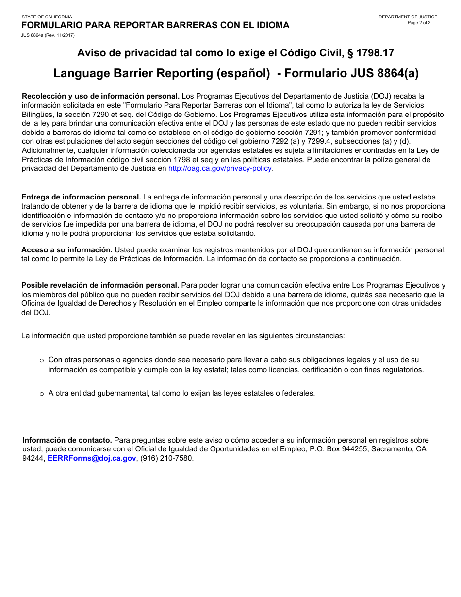 Formulario JUS8864A Formulario Para Reportar Barreras Con El Idioma - California (Spanish), Page 2