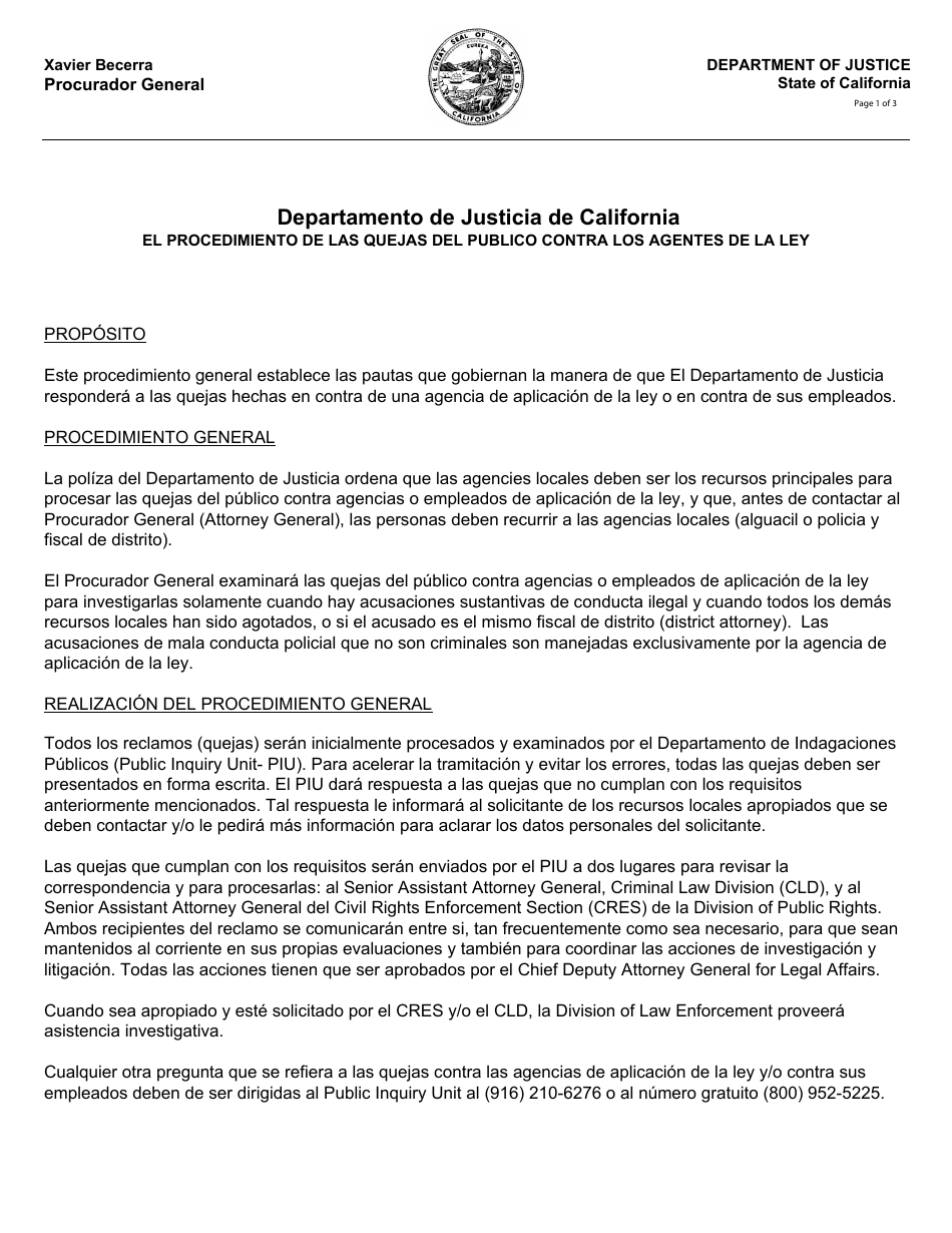 Formulario PIU3S Formulario De Queja Contra Agentes De La Ley / Agencias De La Ley - California (Spanish), Page 1