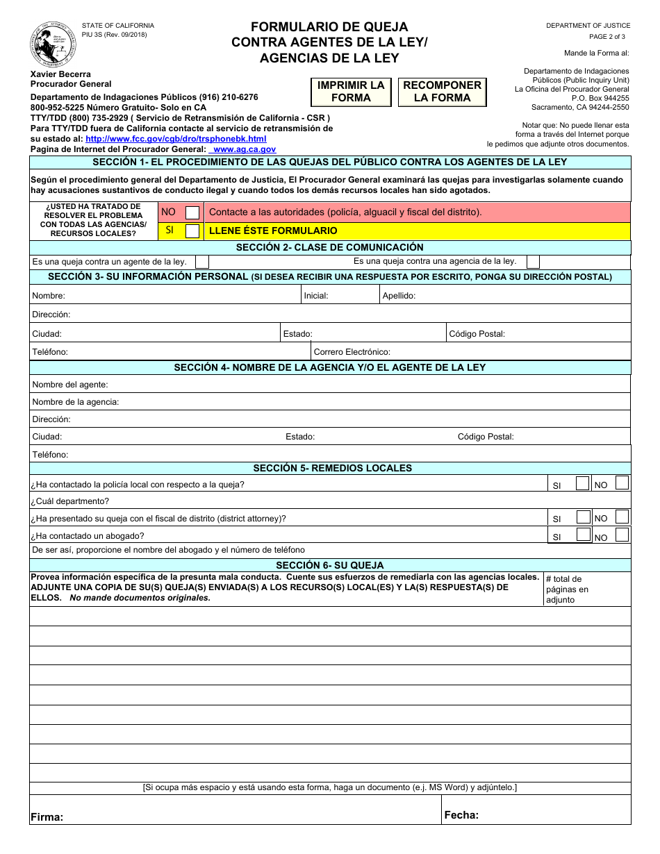 Formulario PIU3S Formulario De Queja Contra Agentes De La Ley / Agencias De La Ley - California (Spanish), Page 2
