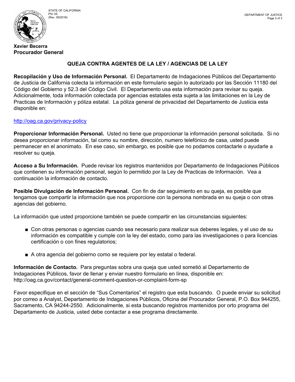 Formulario PIU3S Formulario De Queja Contra Agentes De La Ley / Agencias De La Ley - California (Spanish), Page 3
