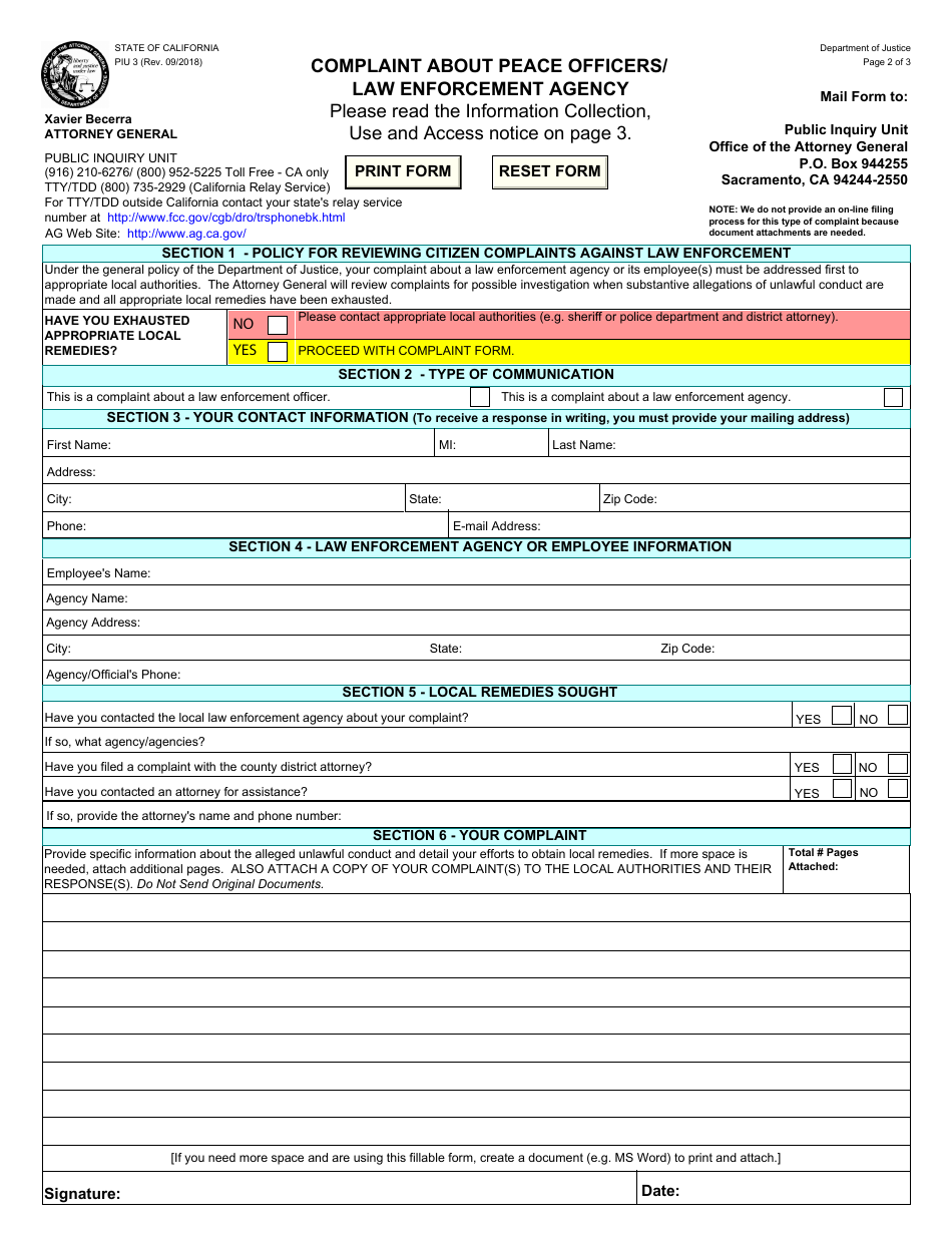 Form PIU3 Complaint About Peace Officers / Law Enforcement Agency - California, Page 2