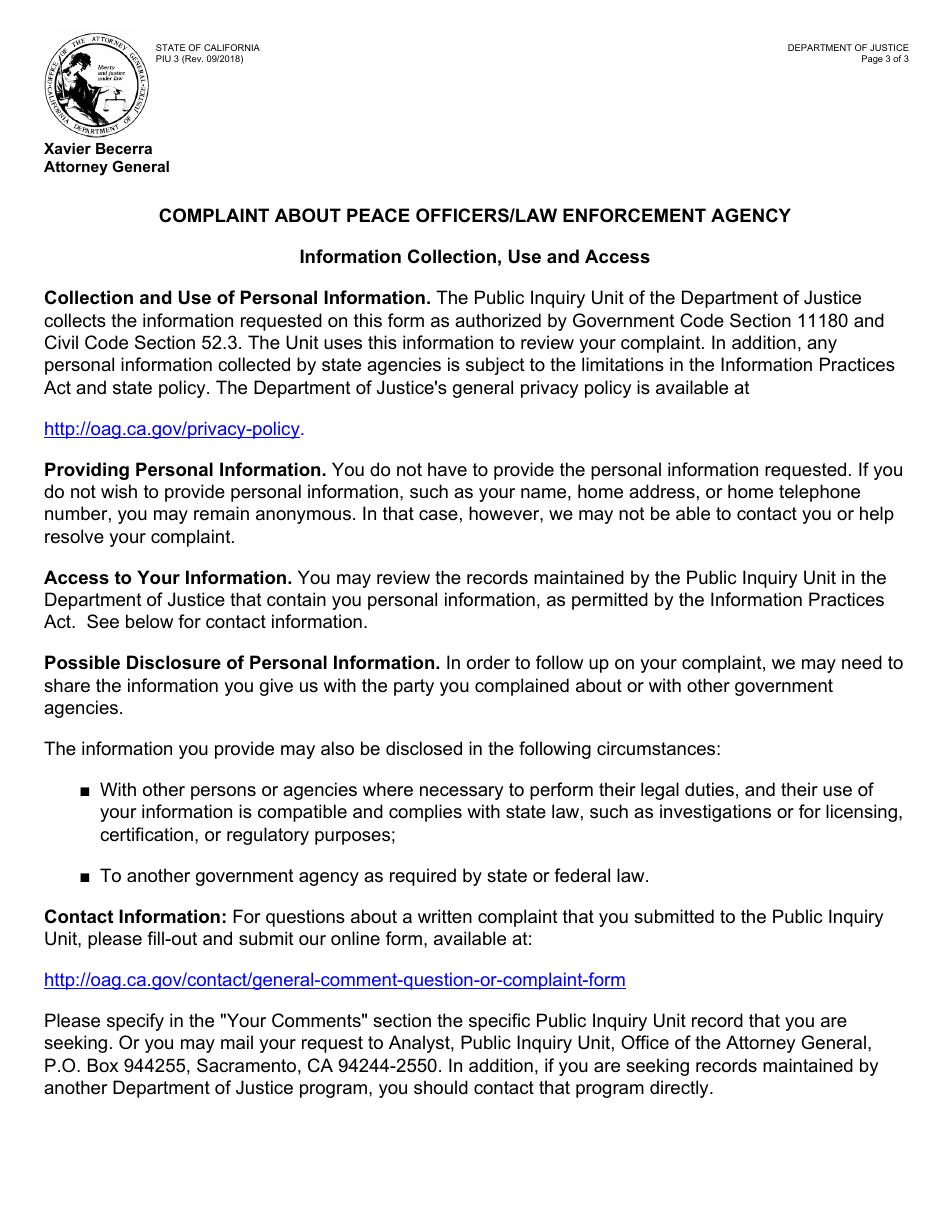 Form PIU3 Complaint About Peace Officers / Law Enforcement Agency - California, Page 3