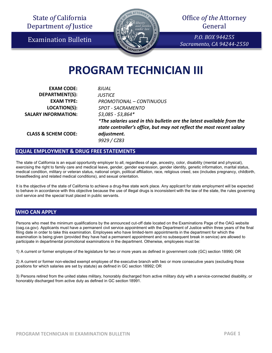 Program Technician Iii Examination Bulletin - California, Page 1
