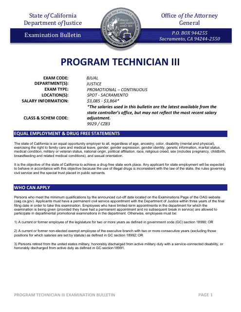 Program Technician Iii Examination Bulletin - California