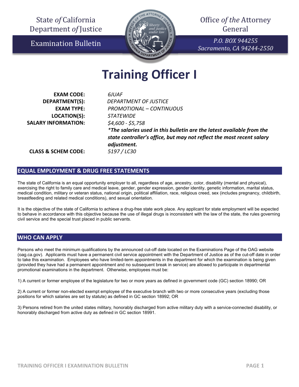 Training Officer I Examination Bulletin - California, Page 1