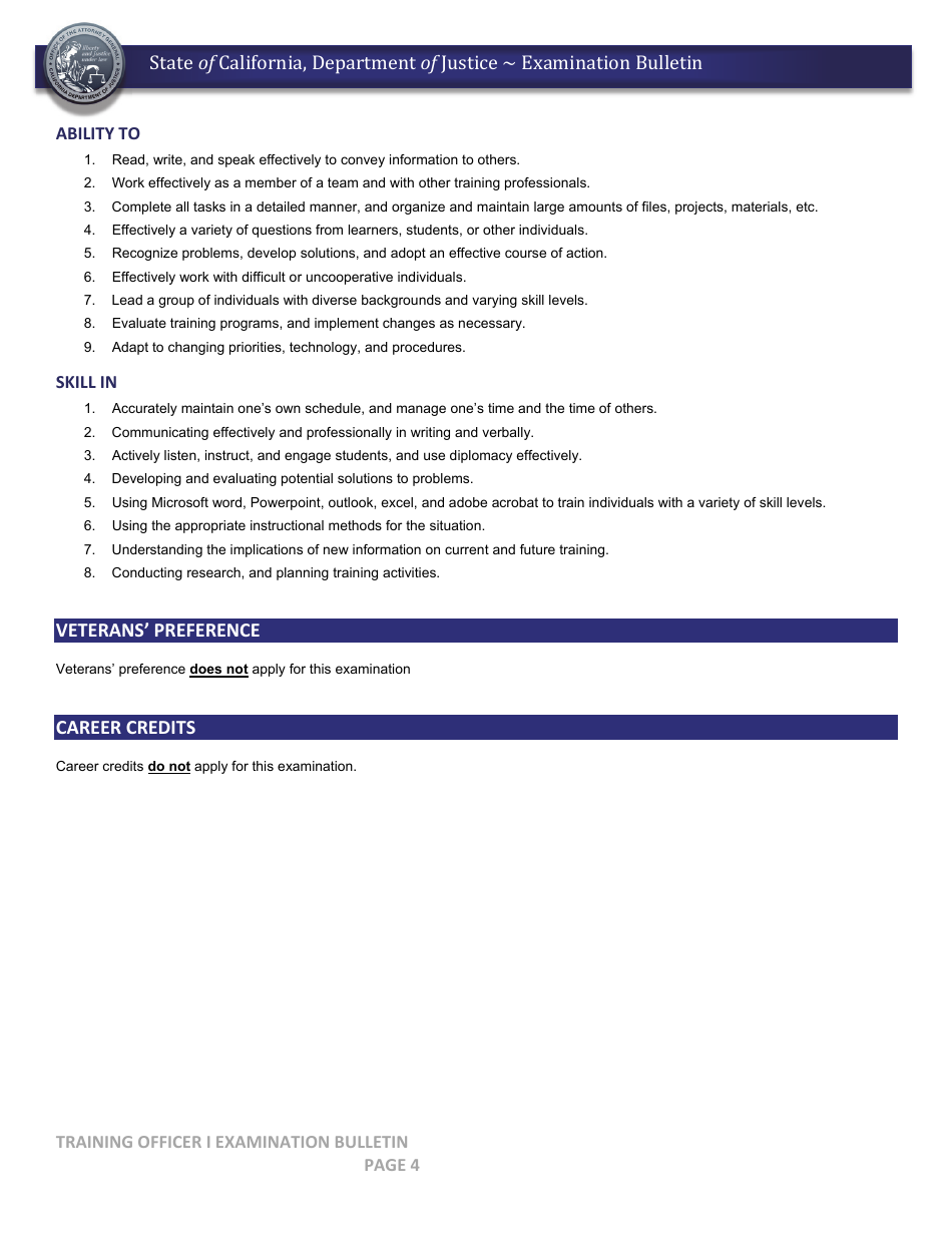 Training Officer I Examination Bulletin - California, Page 4