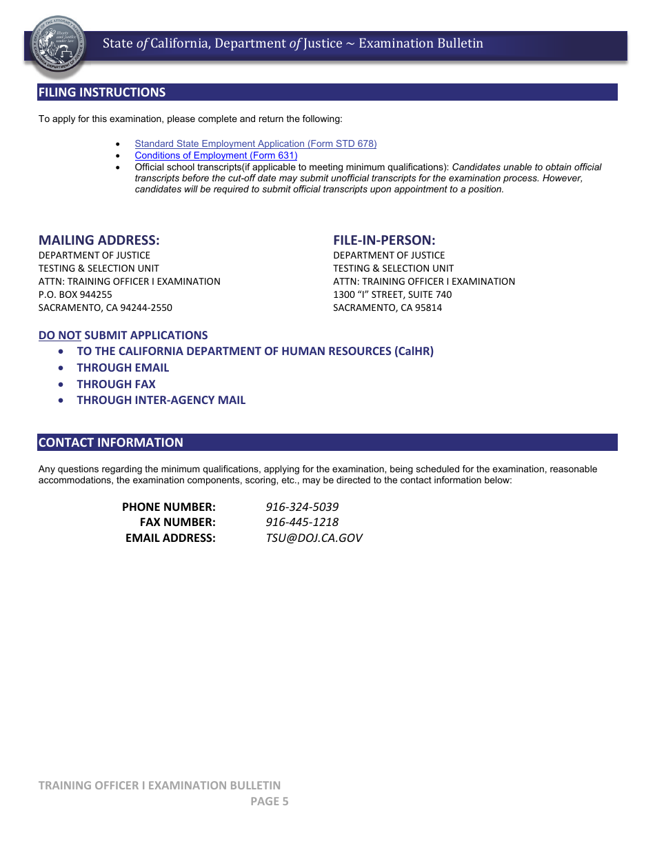 Training Officer I Examination Bulletin - California, Page 5