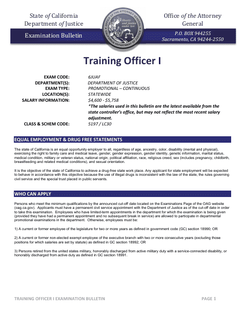 Training Officer I Examination Bulletin - California