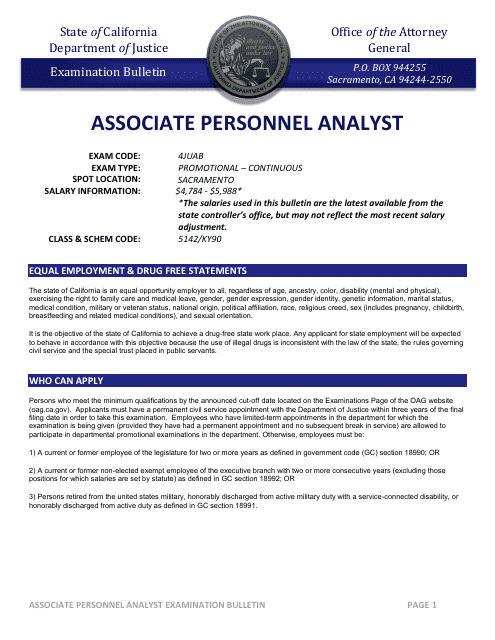 Associate Personnel Analyst Examination Bulletin - California Download Pdf