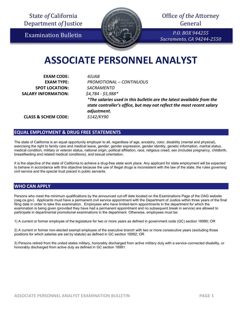 Associate Personnel Analyst Examination Bulletin - California, Page 1