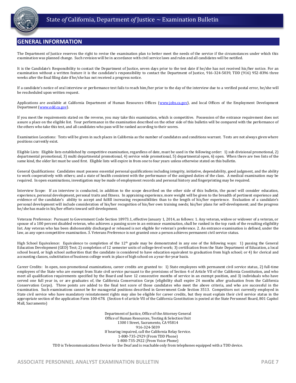 Associate Personnel Analyst Examination Bulletin - California, Page 7