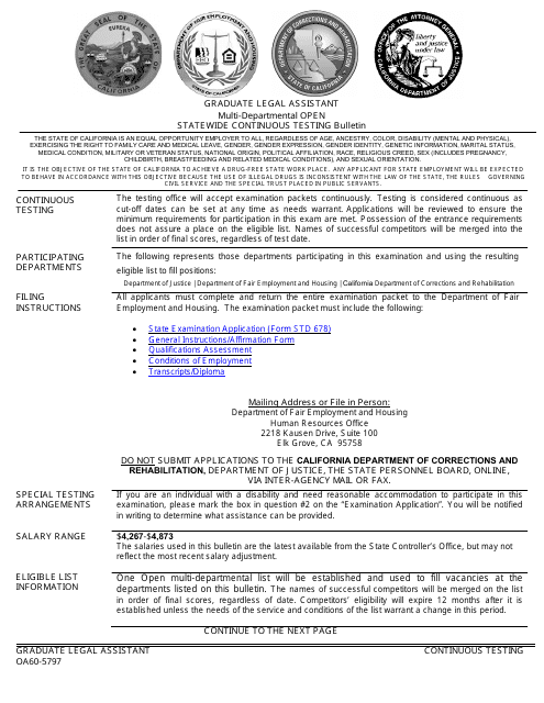 Form OA60-5797 Qualifications Assessment (Qa) for Graduate Legal Assistant - California