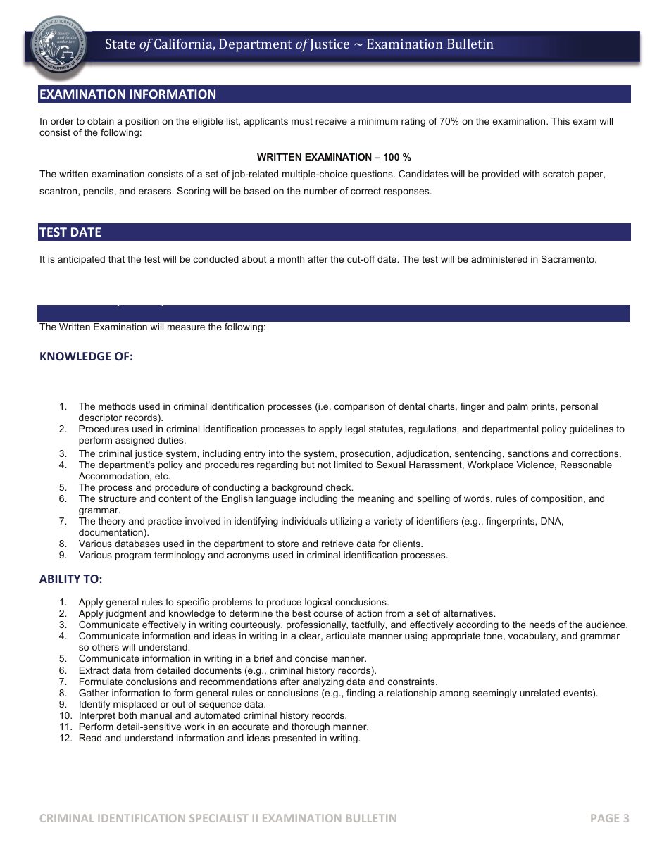 Criminal Identification Specialist II Examination Bulletin - California, Page 4