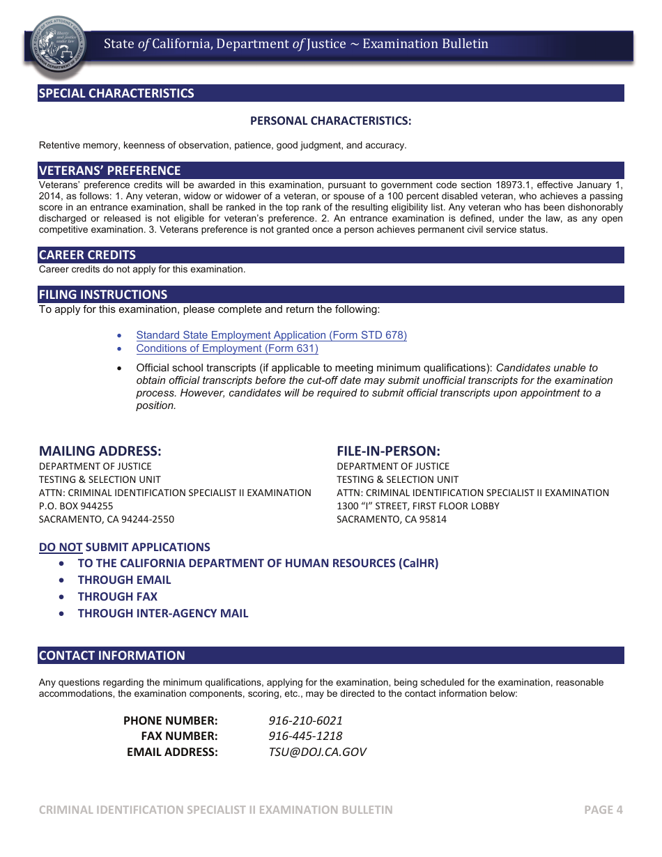 Criminal Identification Specialist II Examination Bulletin - California, Page 5