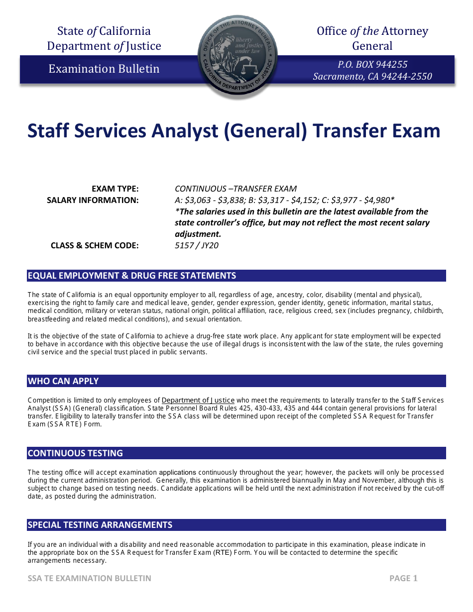 California Staff Services Analyst (General) Transfer Exam Examination