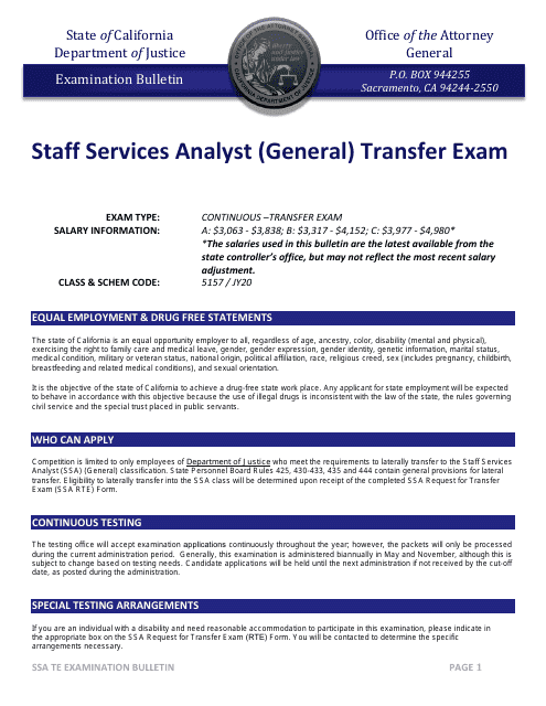 Staff Services Analyst (General) Transfer Exam - Examination Bulletin - California