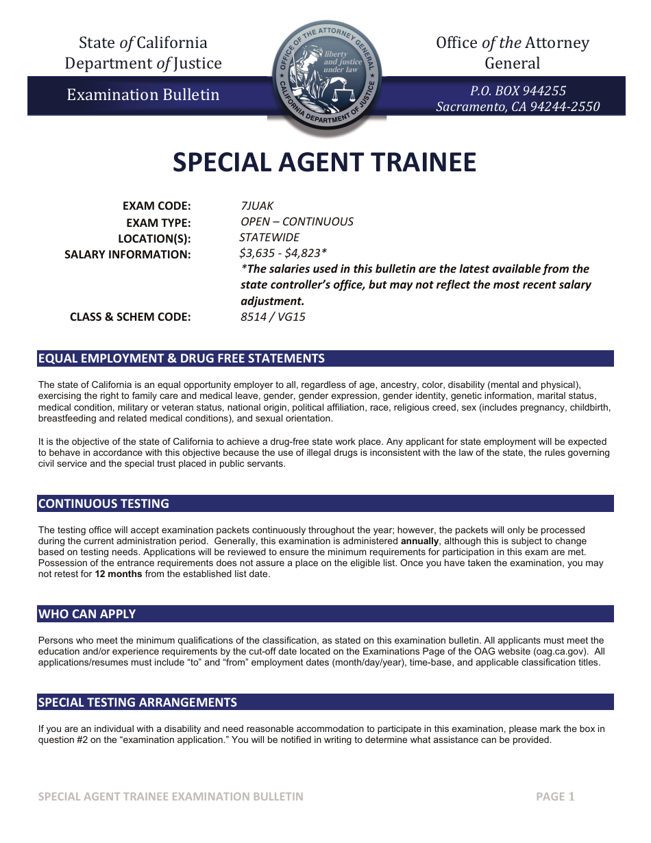 Special Agent Trainee Examination Bulletin - California, Page 1