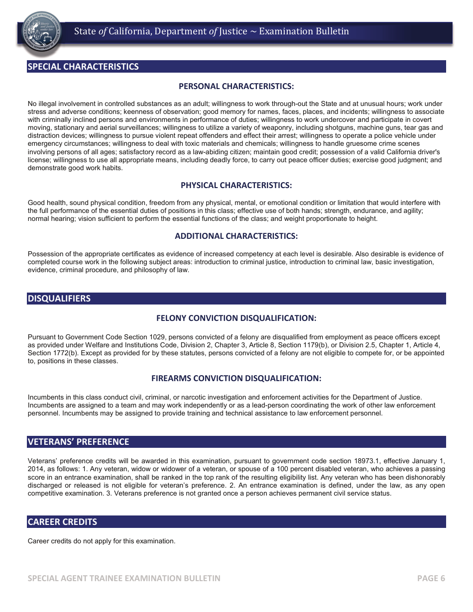 California Special Agent Trainee Examination Bulletin Fill Out, Sign Online and Download PDF