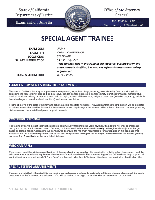 Special Agent Trainee Examination Bulletin - California Download Pdf