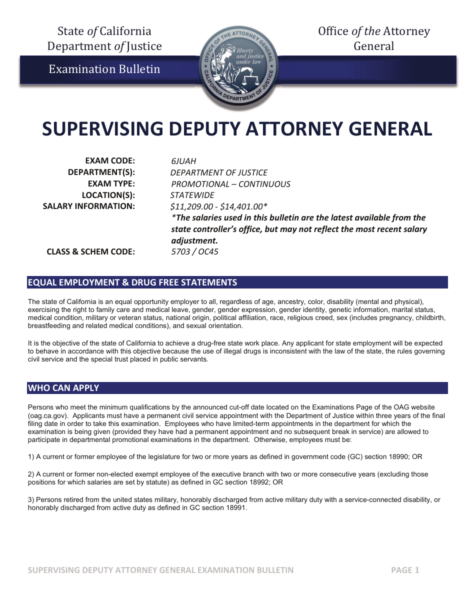Supervising Deputy Attorney General Examination Bulletin - California, Page 1