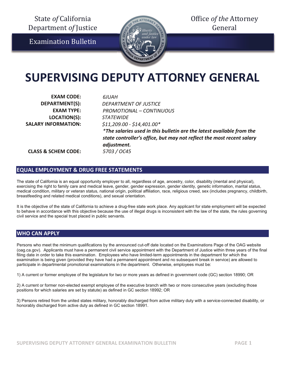 California Supervising Deputy Attorney General Examination Bulletin  Download Fillable PDF | Templateroller
