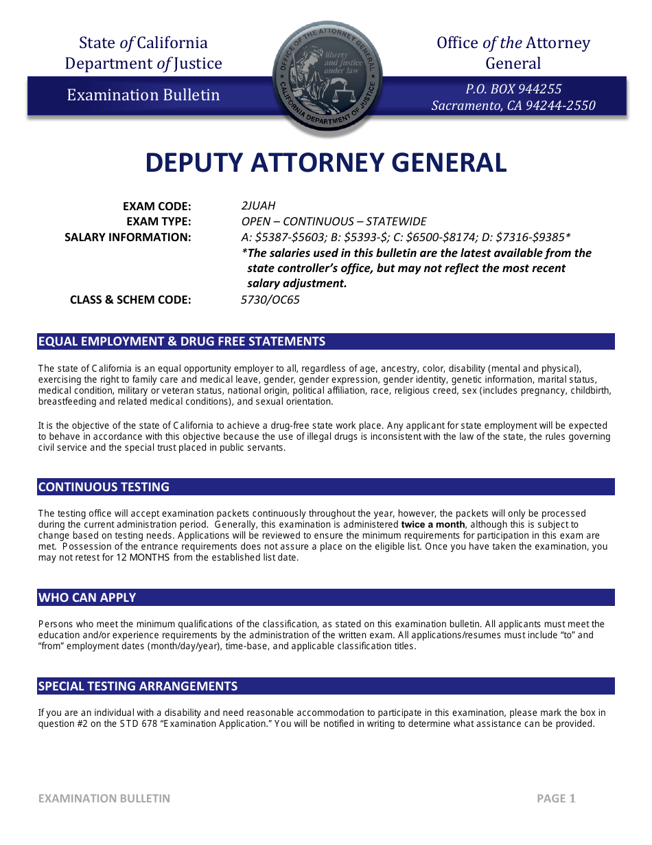 California Deputy Attorney General Examination Bulletin Download Fillable  PDF | Templateroller