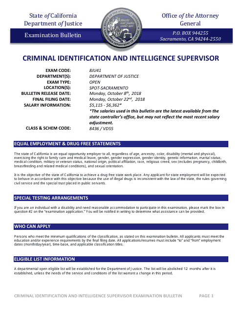 Criminal Identification and Intelligence Supervisor Examination Bulletin - California Download Pdf