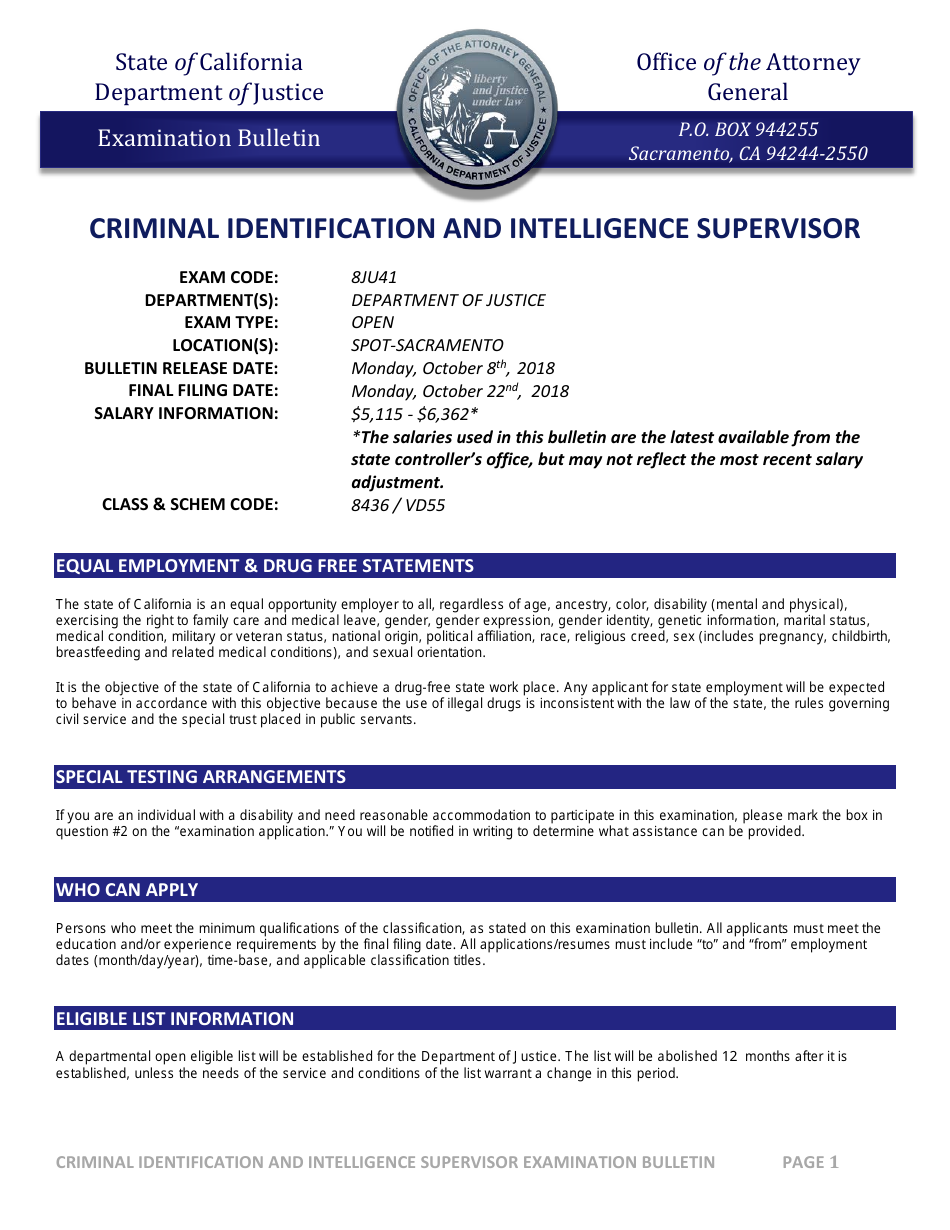 Criminal Identification and Intelligence Supervisor Examination Bulletin - California, Page 1