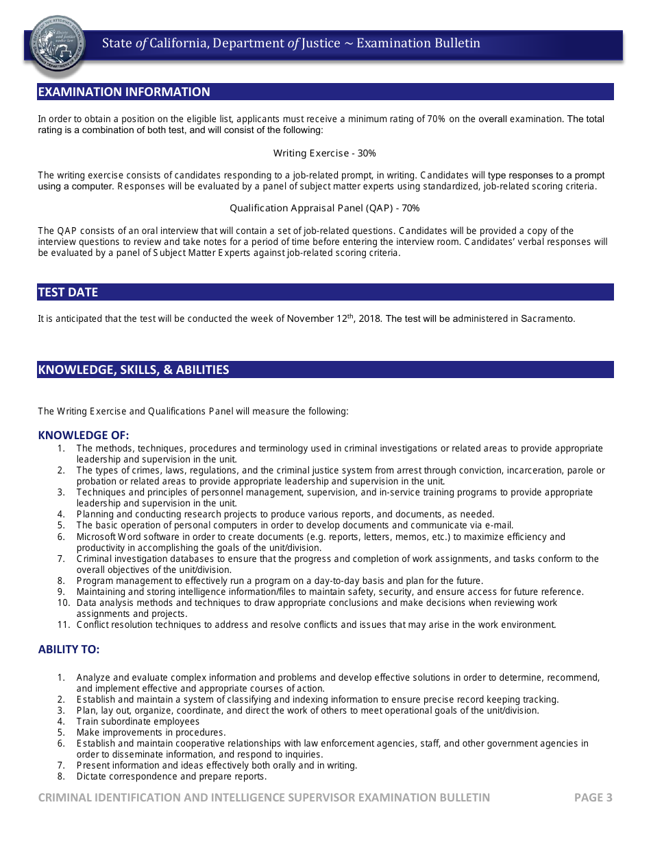 Criminal Identification and Intelligence Supervisor Examination Bulletin - California, Page 3
