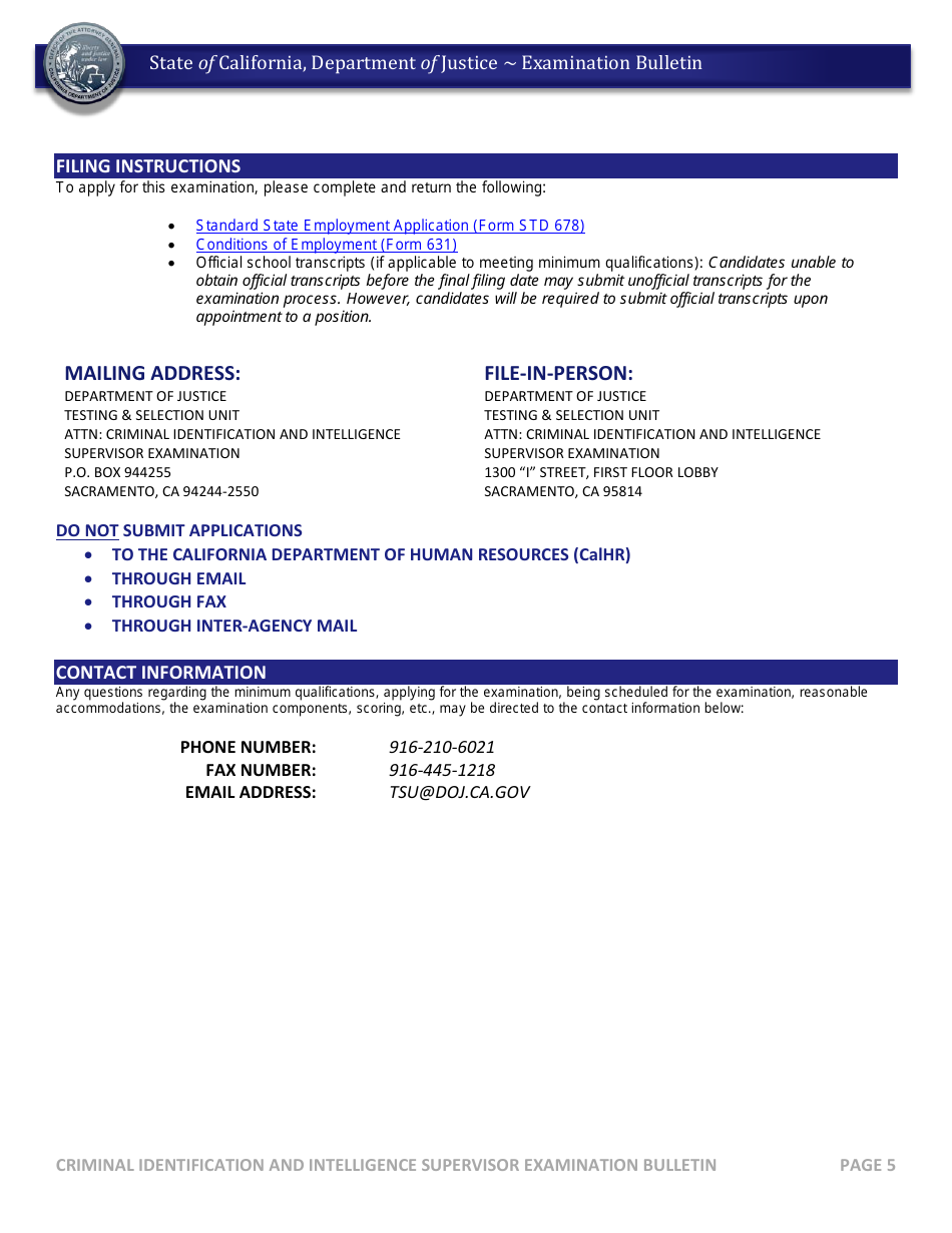 Criminal Identification and Intelligence Supervisor Examination Bulletin - California, Page 5
