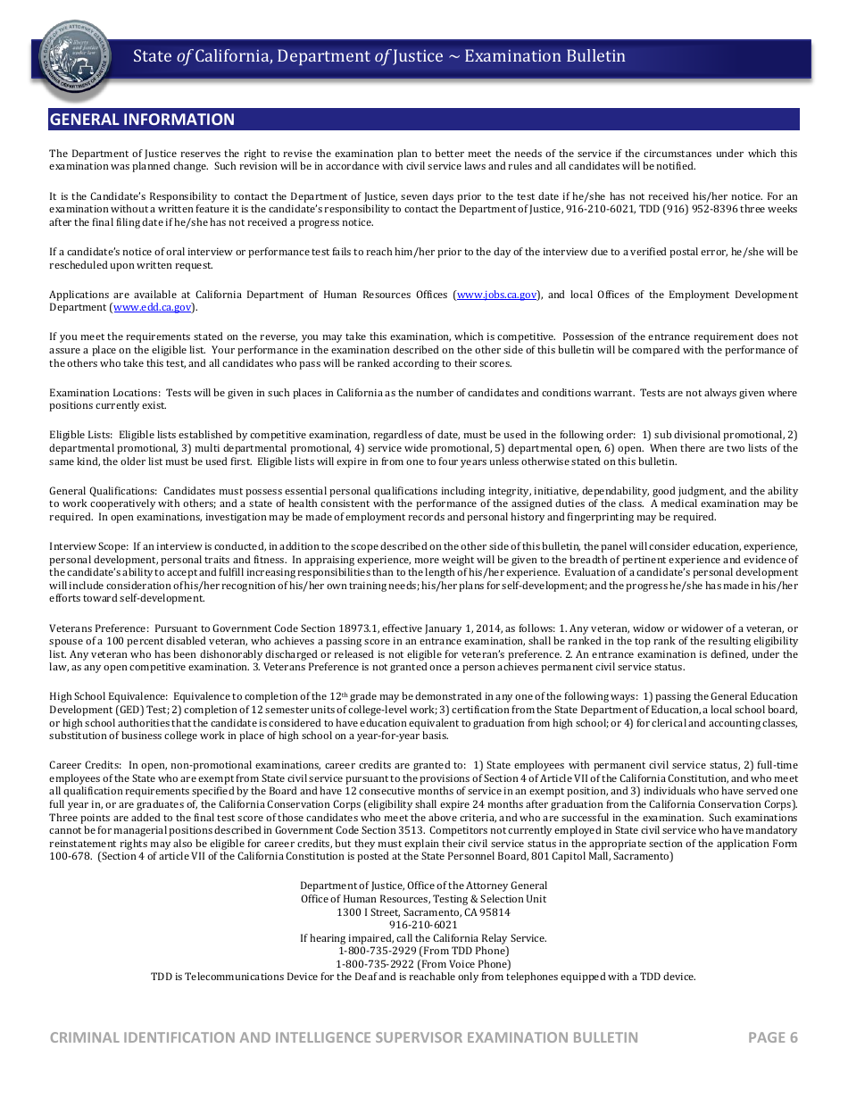 Criminal Identification and Intelligence Supervisor Examination Bulletin - California, Page 6