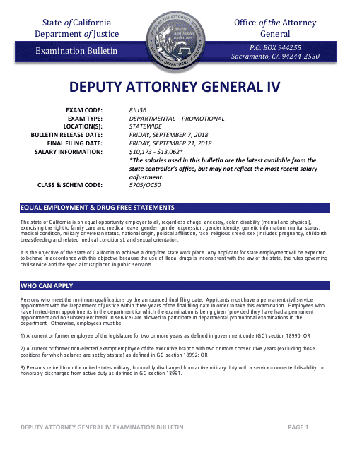 Deputy Attorney General IV Examination Bulletin - California