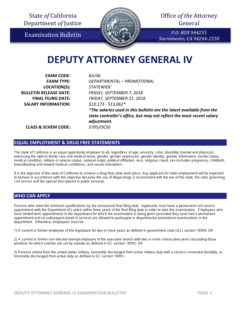 California Deputy Attorney General IV Examination Bulletin Download  Fillable PDF | Templateroller