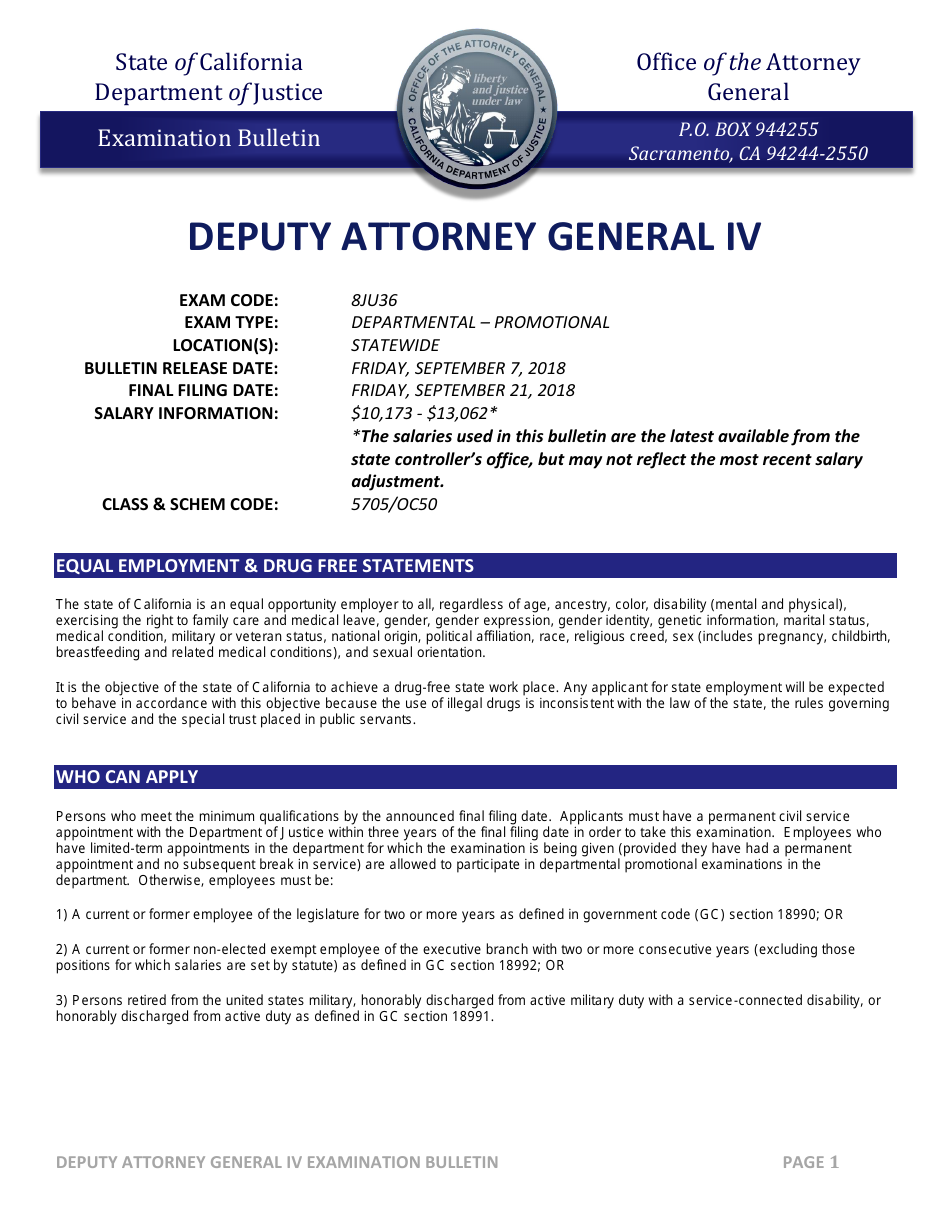 Deputy Attorney General IV Examination Bulletin - California, Page 1