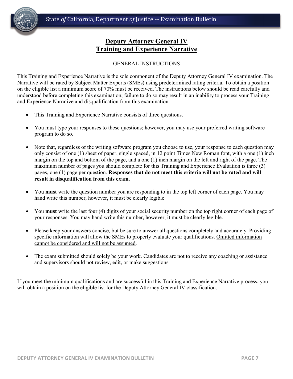 Deputy Attorney General IV Examination Bulletin - California, Page 7