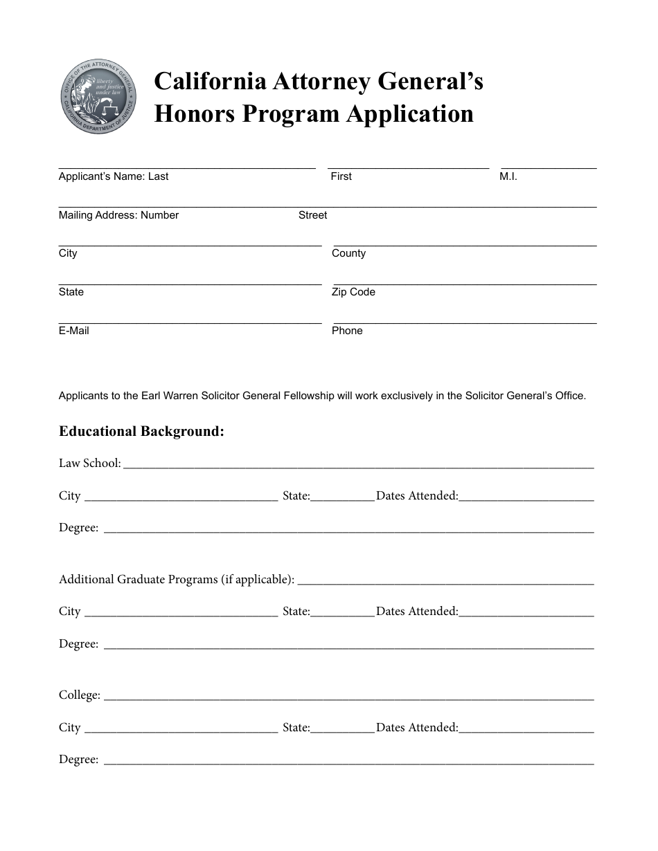 California Attorney Generals Honors Program Application Form - California, Page 1