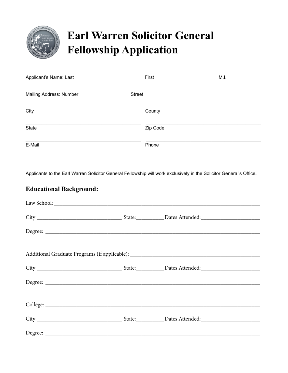 Earl Warren Solicitor General Fellowship Application Form - California, Page 1