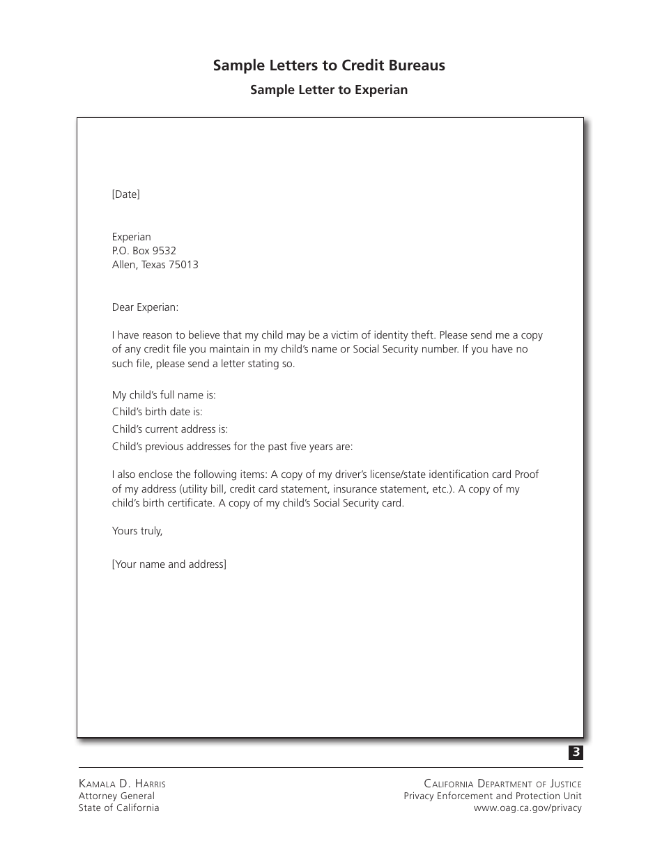 What to Do if Your Childs Social Security Number Has Been Compromised - Sample Letters - California, Page 3
