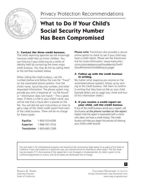 What to Do if Your Child's Social Security Number Has Been Compromised - Sample Letters - California Download Pdf