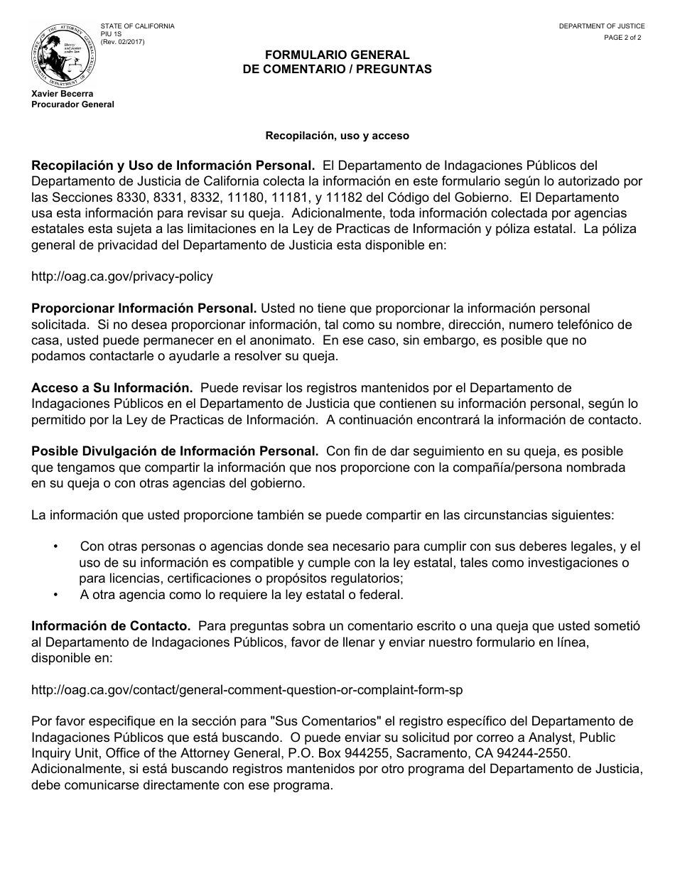 Formulario PIU1S Formulario General De Comentario / Preguntas - California (Spanish), Page 2