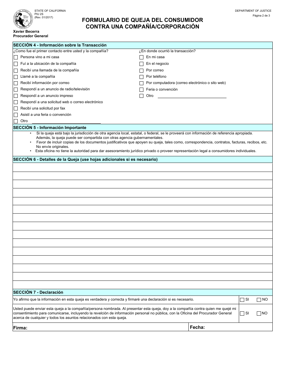 Formulario PIU2S Formulario De Queja Del Consumidor Contra Una Compania / Corporacion - California (Spanish), Page 2
