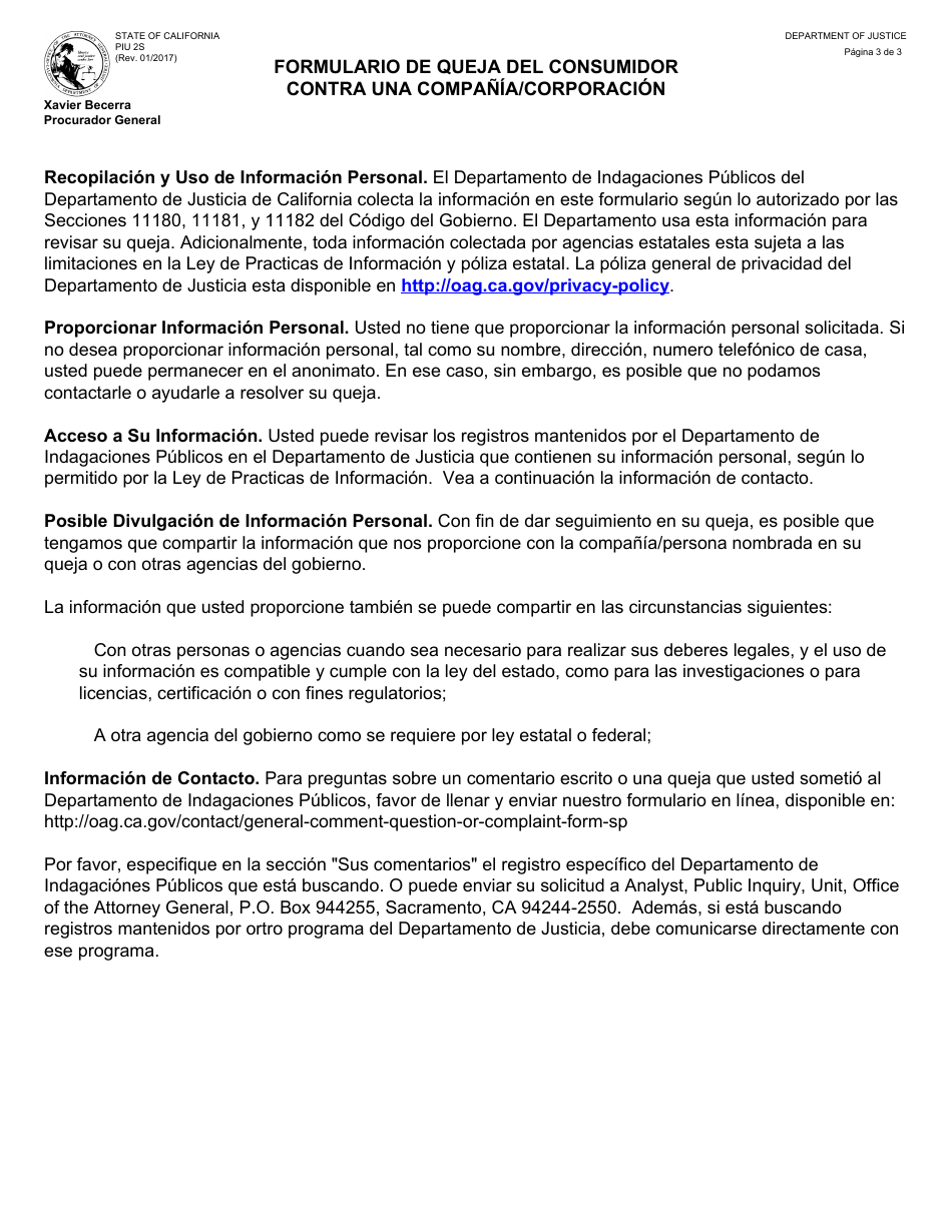 Formulario PIU2S Formulario De Queja Del Consumidor Contra Una Compania / Corporacion - California (Spanish), Page 3