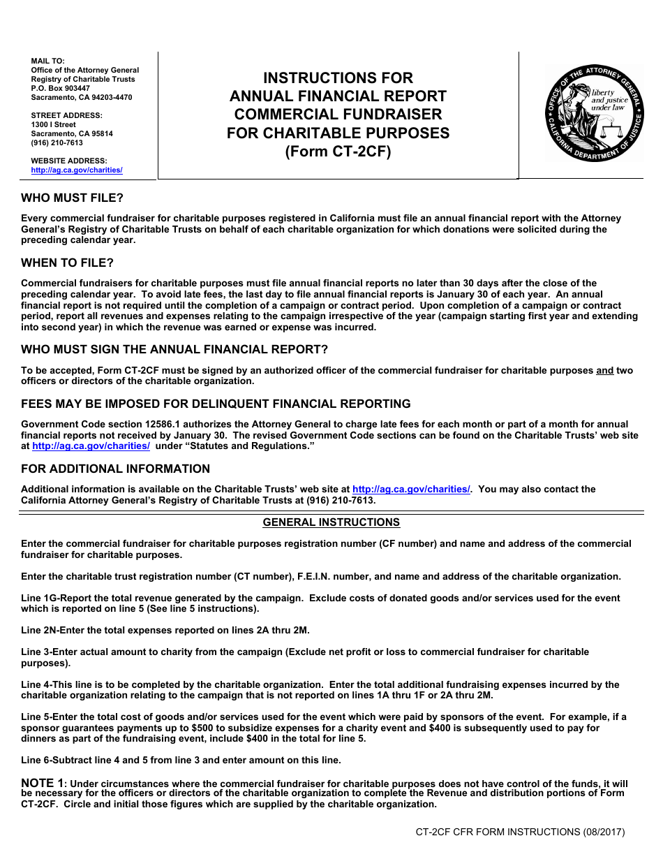 Instructions for Form CT-2CF Annual Financial Report Commercial Fundraiser for Charitable Purposes - California, Page 1