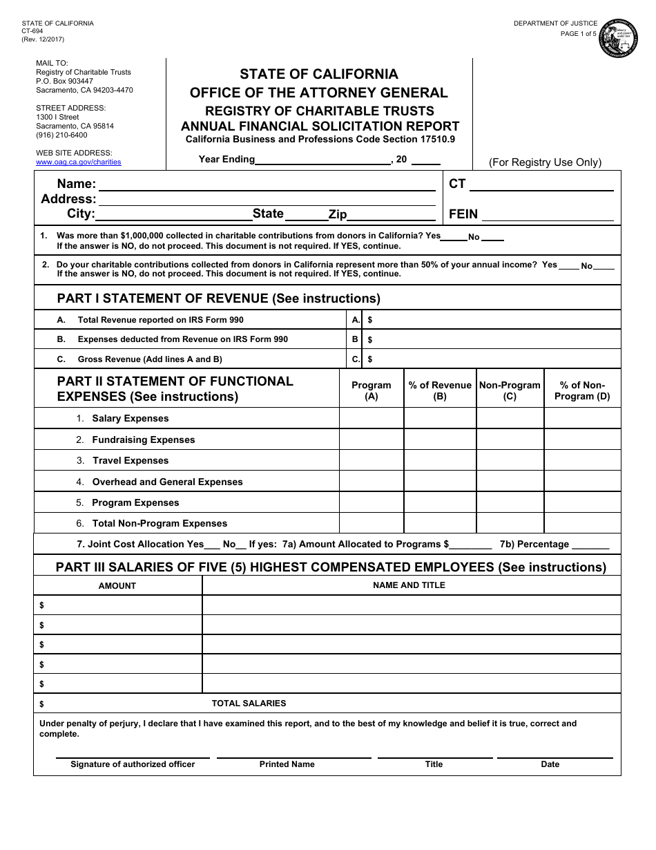Form CT-694 Annual Financial Solicitation Report - California, Page 1