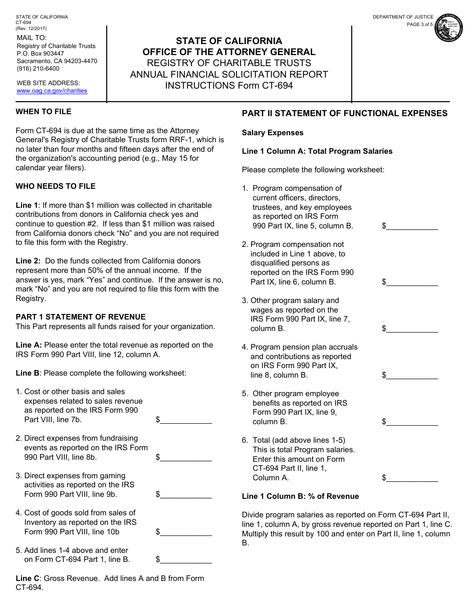 Form CT-694 Annual Financial Solicitation Report - California, Page 3