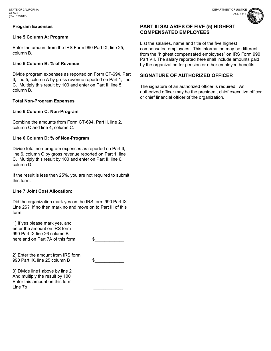 Form CT-694 Annual Financial Solicitation Report - California, Page 5